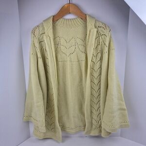Handmade Open Knit Cardigan Sweater Womens Small Yellow Cable Detail Cottagecore